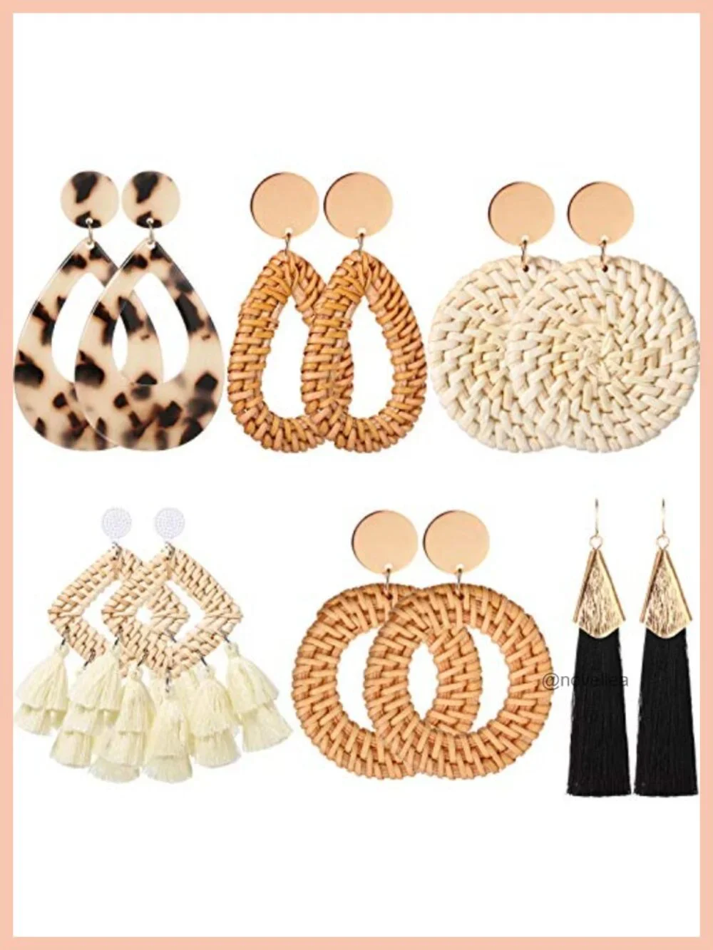 6 Pair Bohemian Rattan Straw Tassel Geometric Drop Dangle Earrings